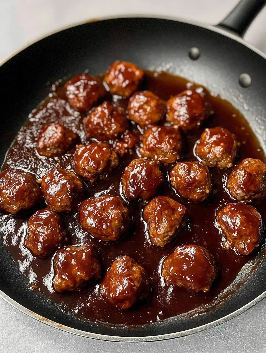 A close-up of a frying pan filled with glistening meatballs coated in a rich brown sauce.