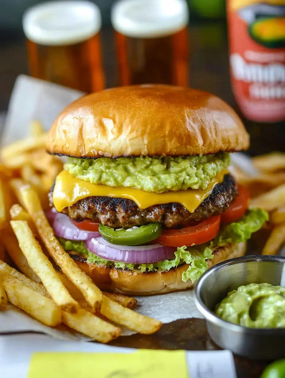 A visually appealing burger topped with guacamole, cheese, lettuce, tomato, onion, and jalapeño, served with French fries and two glasses of beer in the background.