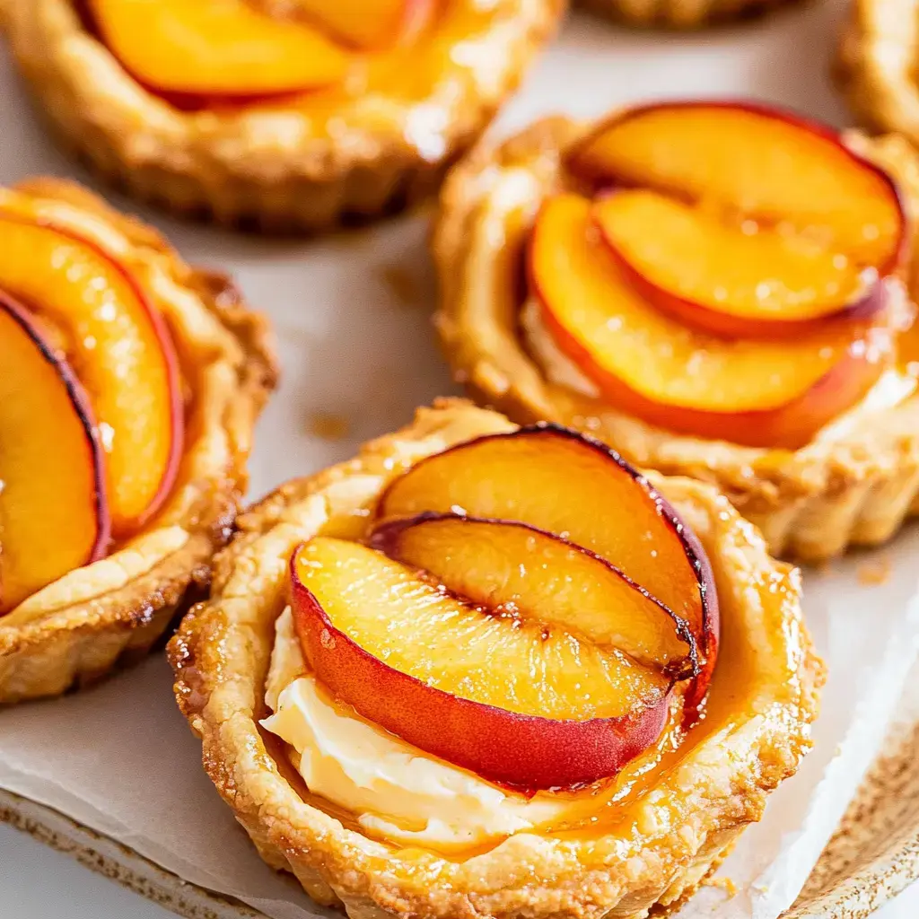 A close-up view of delicious tarts filled with cream and topped with beautifully arranged slices of fresh peaches.