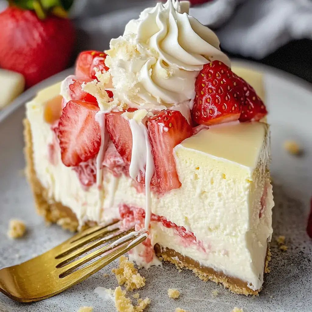 A slice of strawberry cheesecake topped with fresh strawberries and whipped cream, with a fork resting beside it on a gray plate.