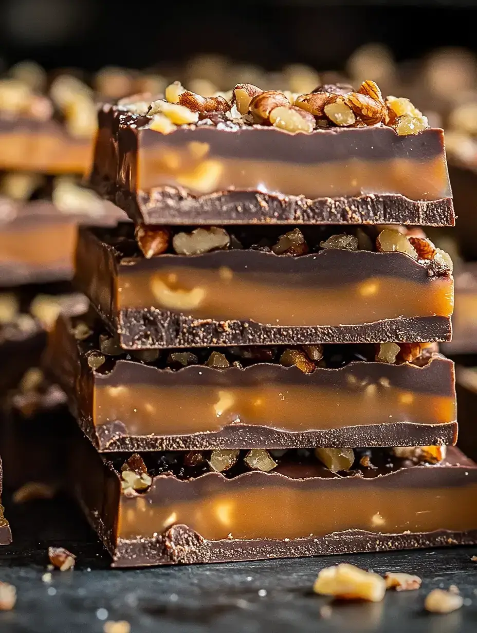 A stack of chocolate caramel bars topped with chopped nuts, set against a blurred background.