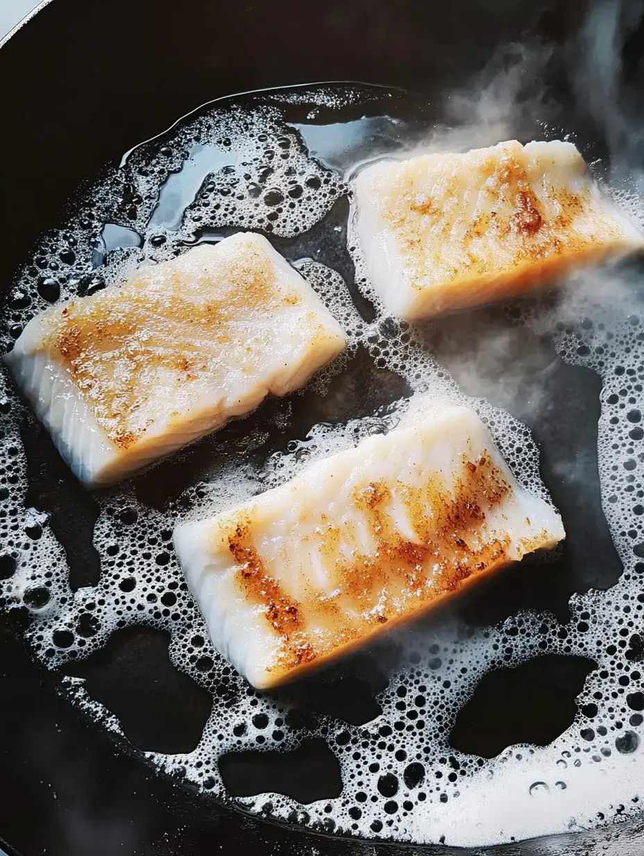 Three pieces of fish are sizzling in a black frying pan with bubbles and steam rising around them.