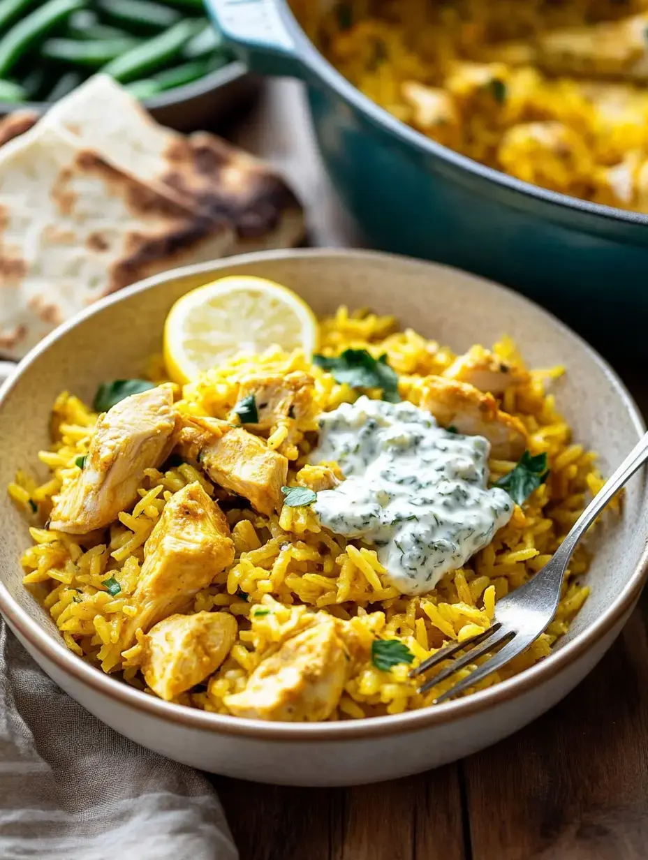 A bowl of yellow rice topped with chicken pieces, a dollop of yogurt sauce, and a lemon slice, with green beans and flatbreads in the background.