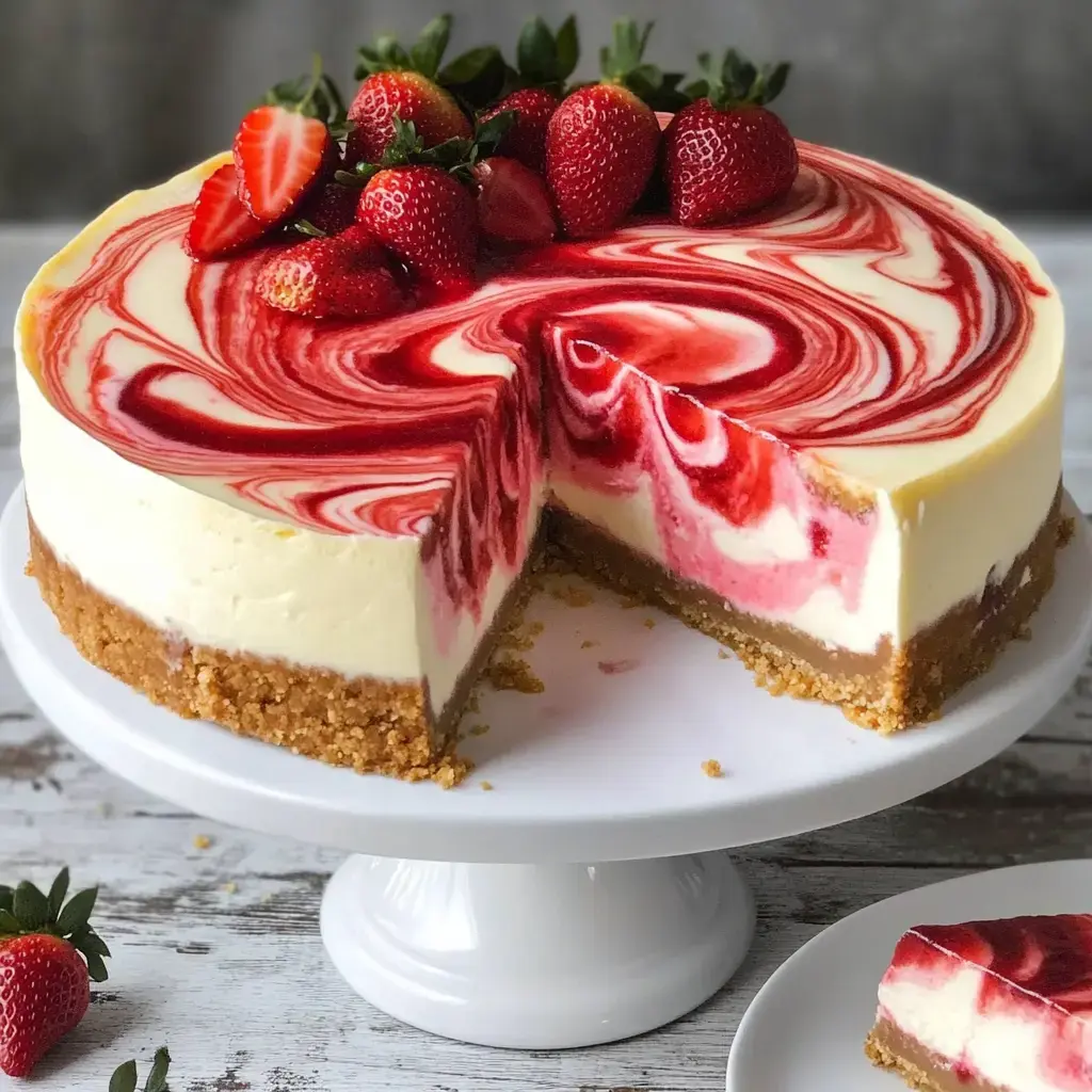 A creamy strawberry cheesecake with a swirled red topping, garnished with fresh strawberries, is displayed on a white cake stand, with a slice cut out.