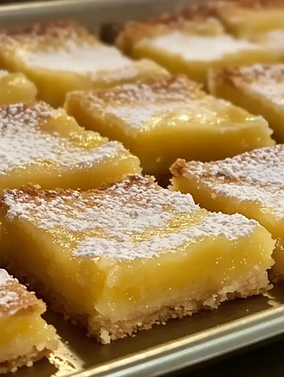 A close-up view of freshly baked lemon bars dusted with powdered sugar, arranged on a baking tray.