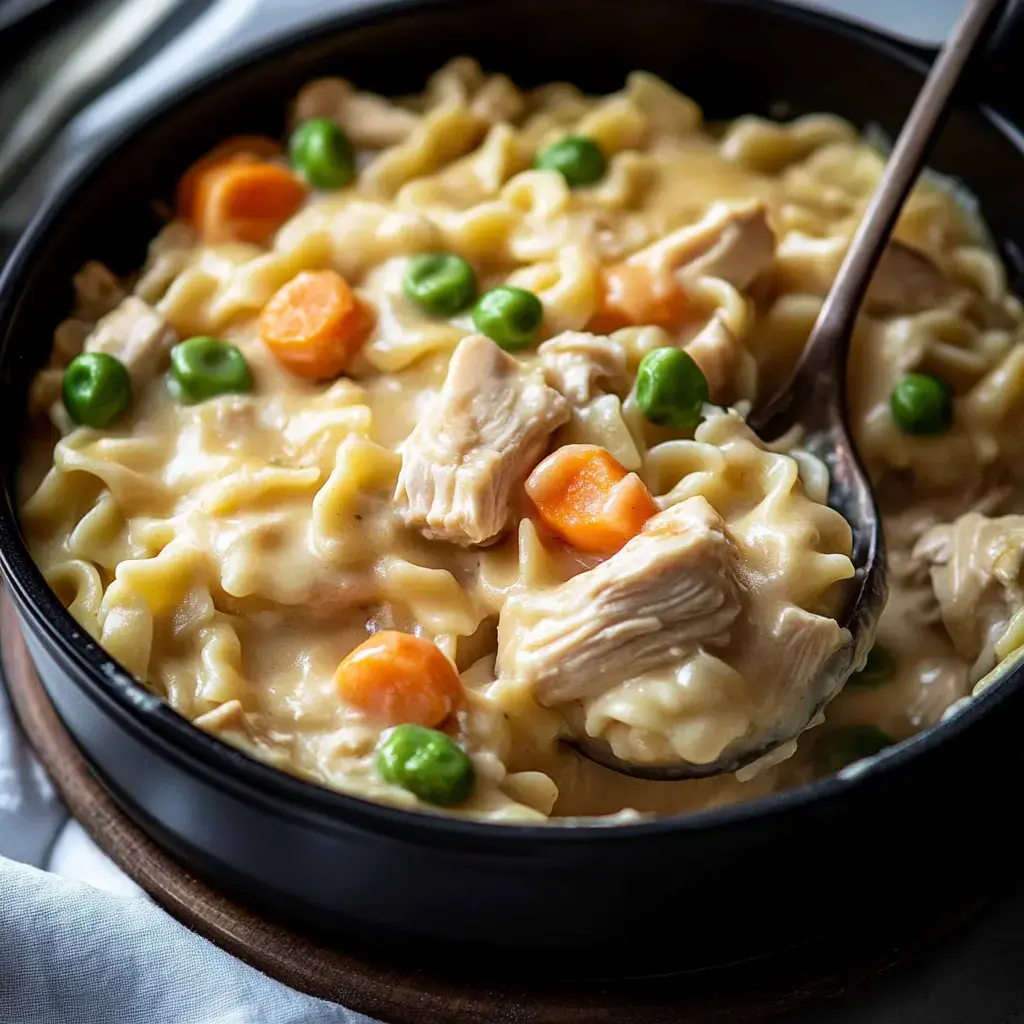 A bowl of creamy chicken and noodle casserole with carrots and peas, served with a spoon.