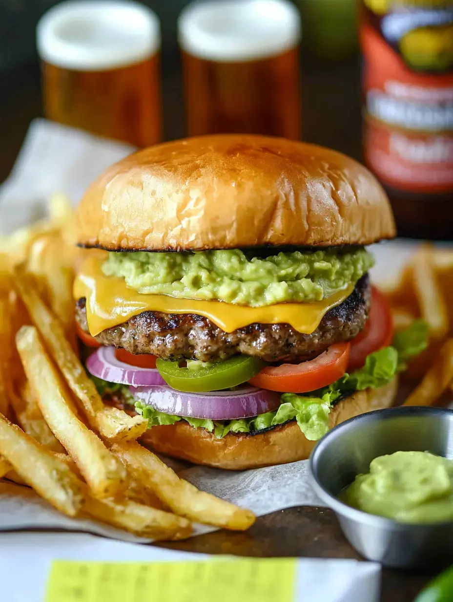 A close-up of a juicy cheeseburger topped with guacamole, lettuce, tomatoes, jalapeños, and red onions, served with golden fries and a small bowl of green sauce.