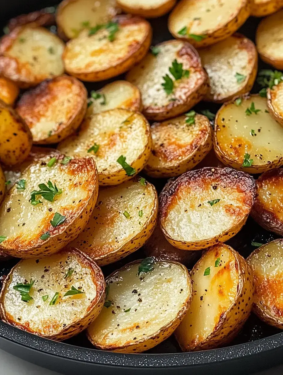 A close-up view of golden-brown, roasted potato halves garnished with chopped parsley.