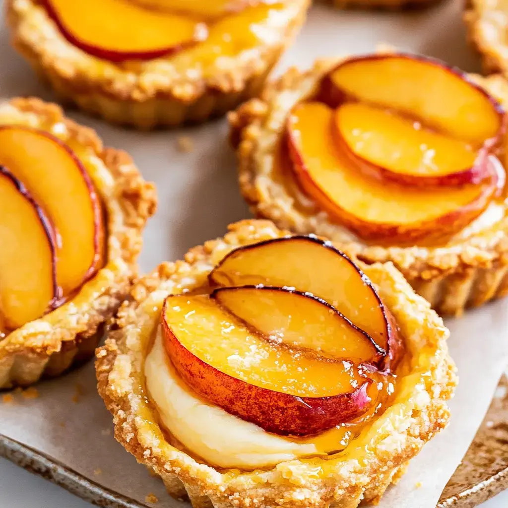 A close-up of small fruit tarts filled with creamy filling and topped with sliced baked peaches.