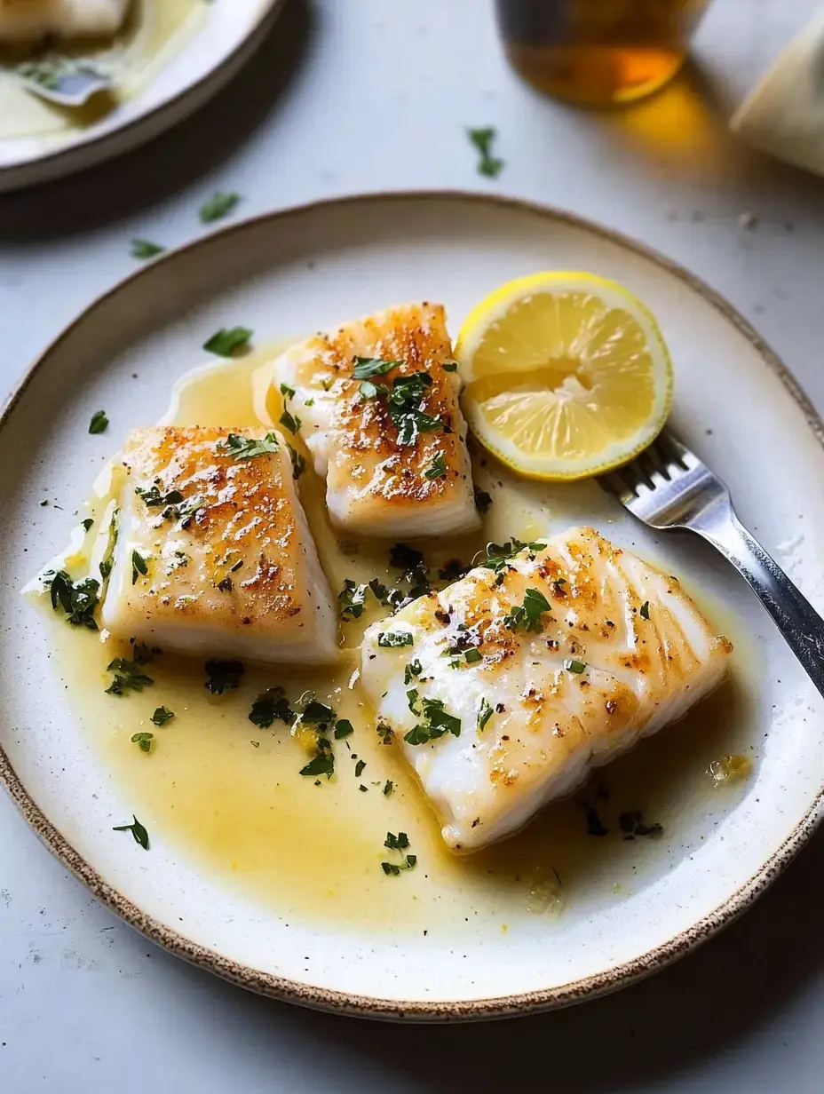 A plate of pan-seared fish, garnished with parsley and lemon slices, served in a light sauce.