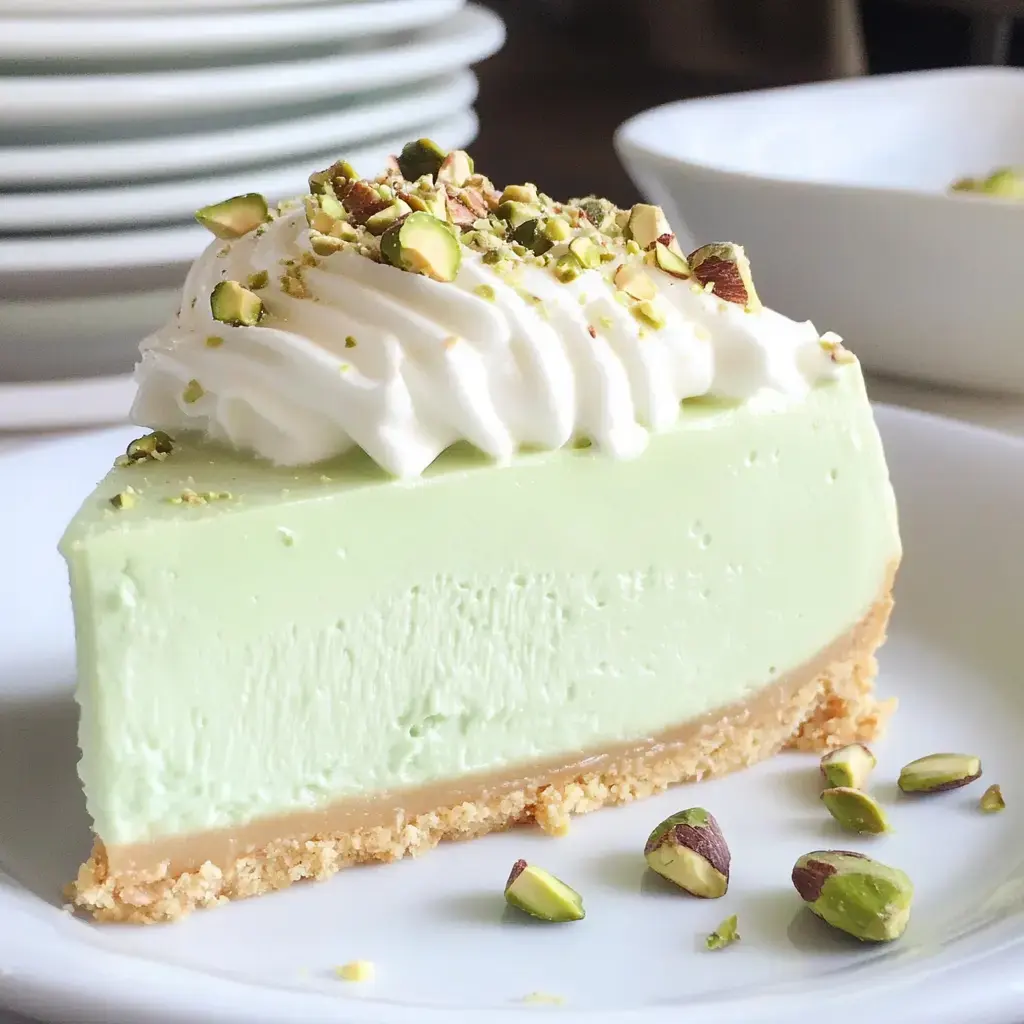 A slice of green pistachio cheesecake topped with whipped cream and crushed pistachios, placed on a white plate.