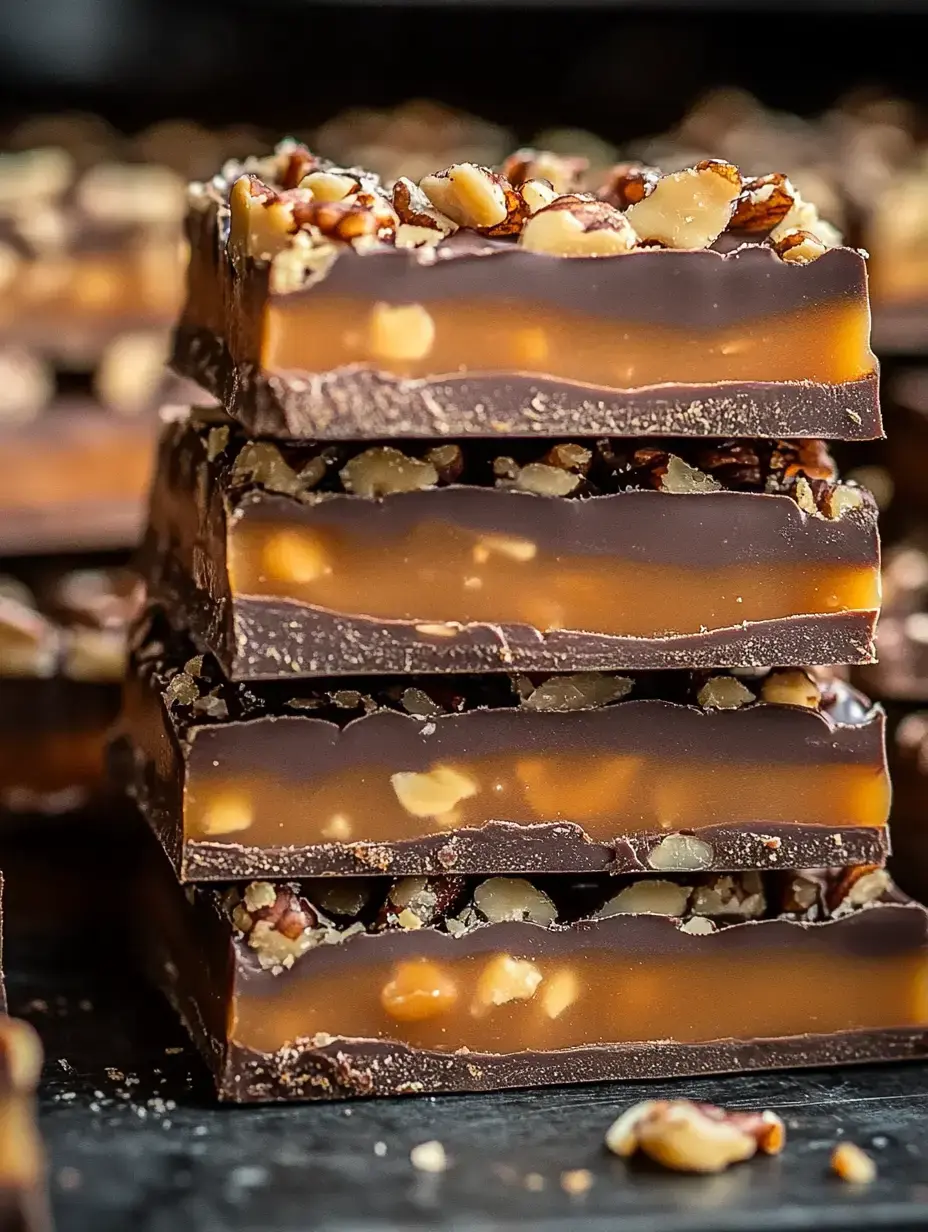 A stack of layered chocolate fudge topped with chopped nuts and a creamy caramel center.