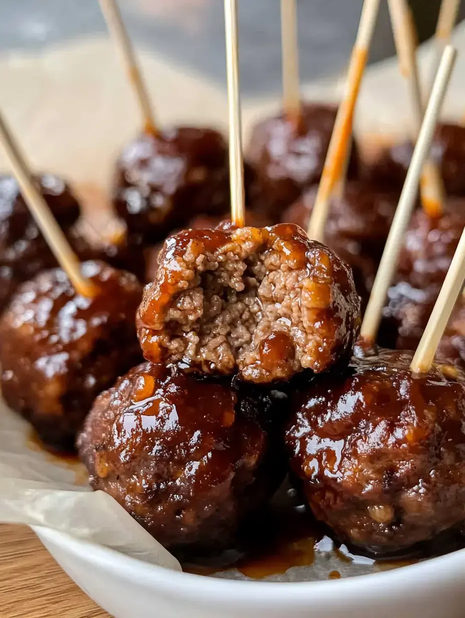 A close-up image of glazed meatballs on a plate, with one meatball partially bitten to reveal its interior, and skewers inserted into some of them.