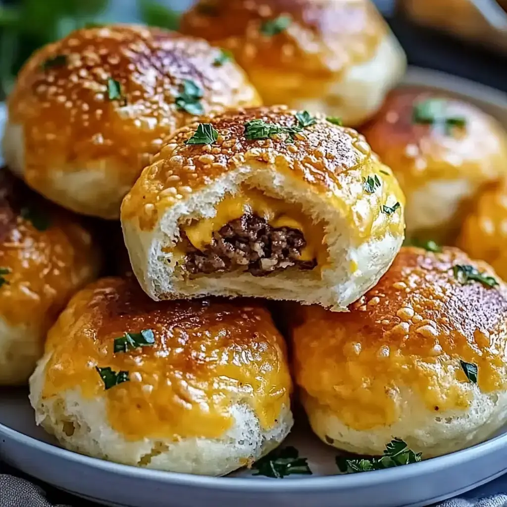 A plate of cheesy, golden-brown meat-filled buns garnished with parsley.