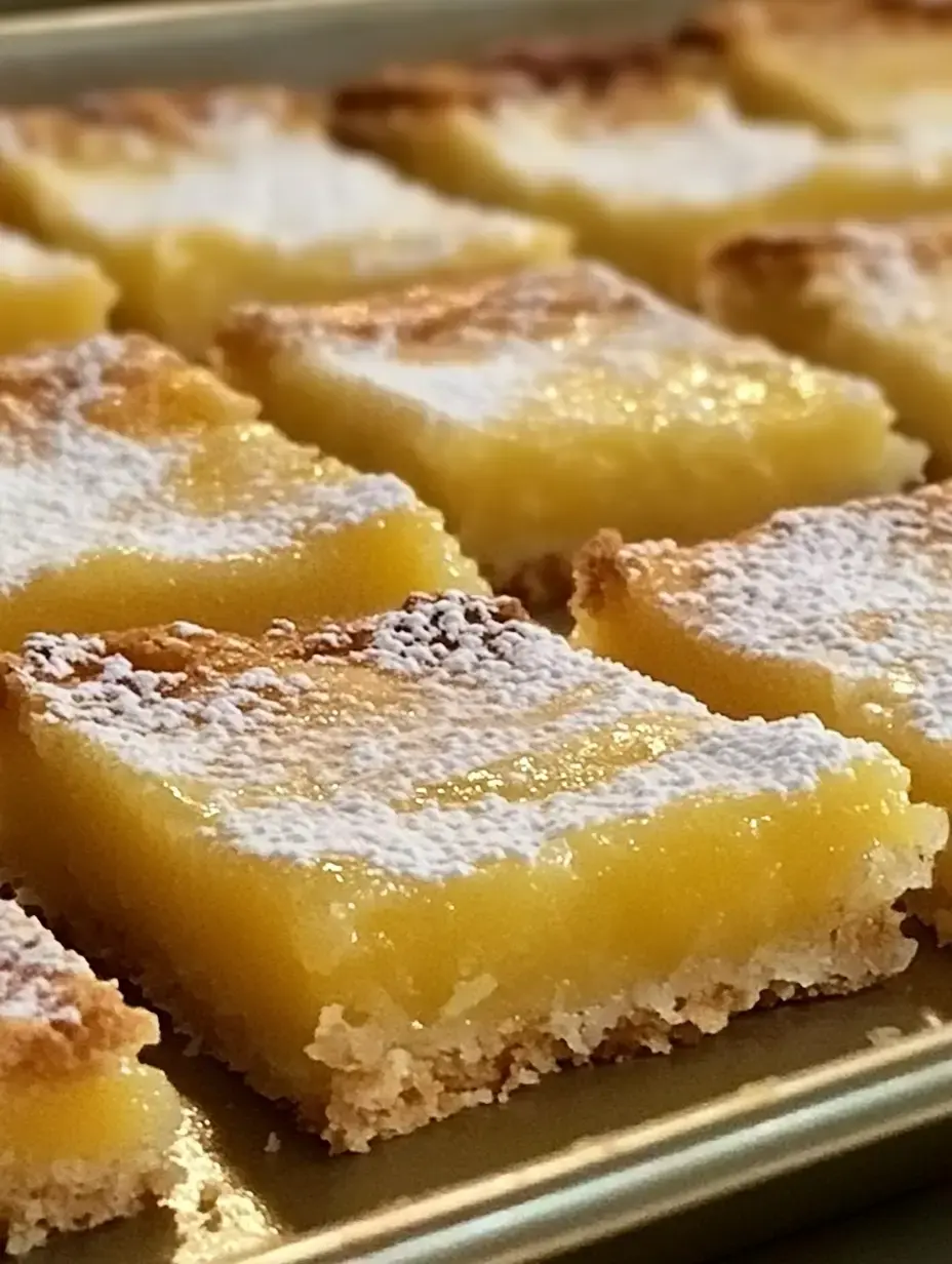 A close-up of lemon bars dusted with powdered sugar on a baking tray.