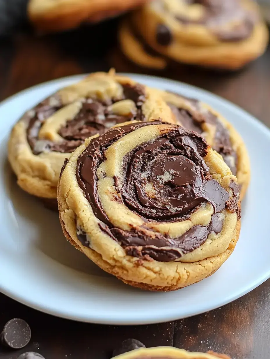 A close-up of two swirled chocolate chip cookies on a white plate, featuring a rich chocolate filling.