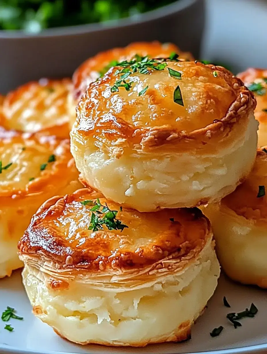 A close-up of golden, flaky pastry shells filled with creamy mashed potatoes, garnished with chopped parsley.