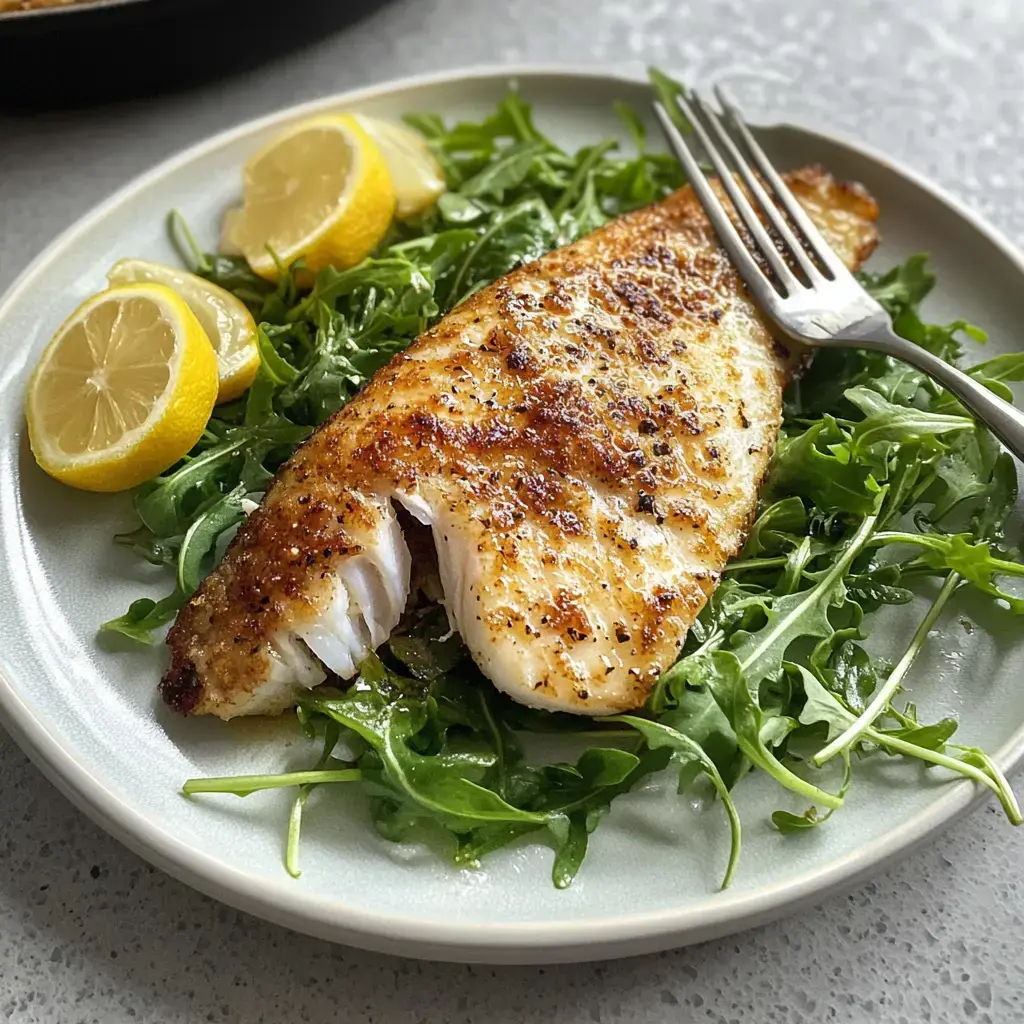 A plated serving of seasoned fish on a bed of arugula, garnished with lemon wedges.