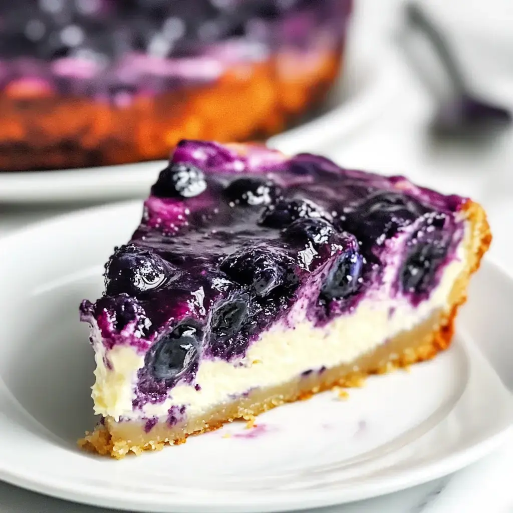 A slice of blueberry cheesecake with a creamy filling and a glossy blueberry topping on a white plate.