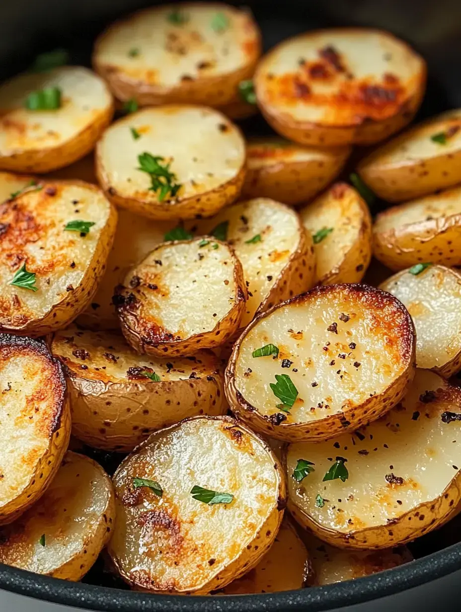 A close-up of golden-brown roasted potato slices garnished with green herbs in a dark bowl.