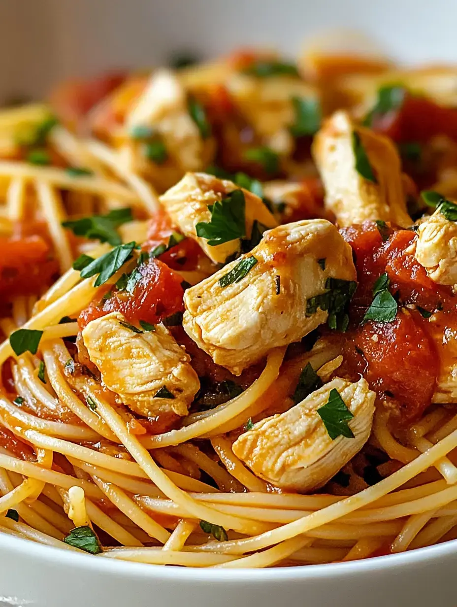 A close-up view of a bowl of spaghetti topped with pieces of chicken, tomato sauce, and sprinkled with fresh parsley.