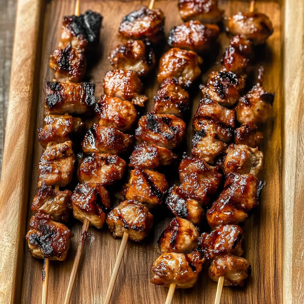 A wooden platter holds several grilled meat skewers, glazed with a shiny sauce and displaying a caramelized exterior.