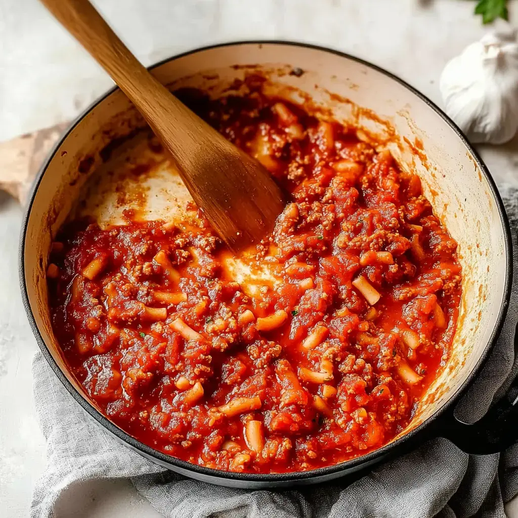 A pot of simmering meat sauce with diced tomatoes and small pasta, stirred with a wooden spoon.