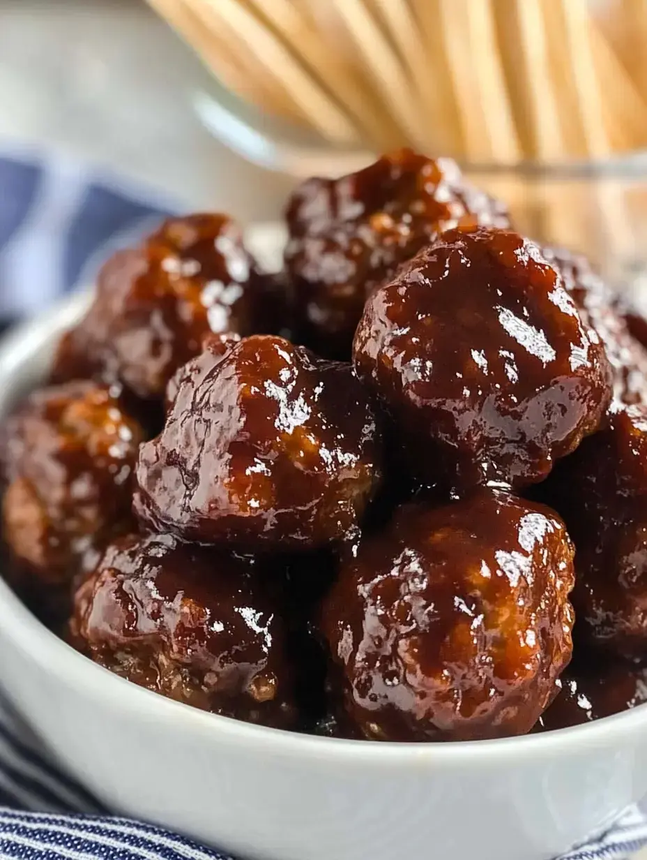 A close-up of a bowl filled with glossy, brown, sticky meatballs.