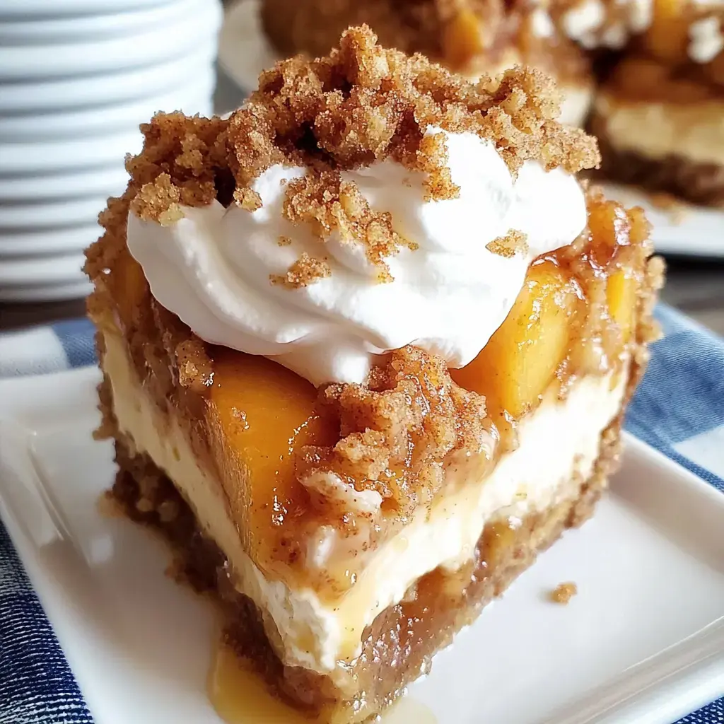 A slice of peach dessert topped with whipped cream and crumbled topping, served on a white plate.