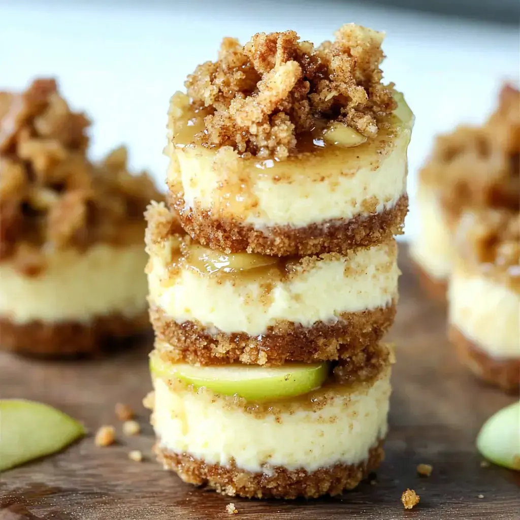 A stack of mini cheesecakes topped with crumble, caramel, and green apple slices on a wooden surface.