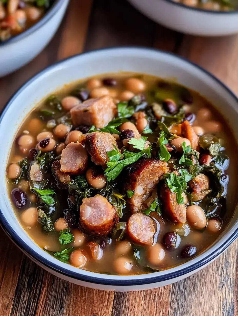 A bowl of hearty bean soup with sausage, greens, and chopped parsley, set on a wooden surface.