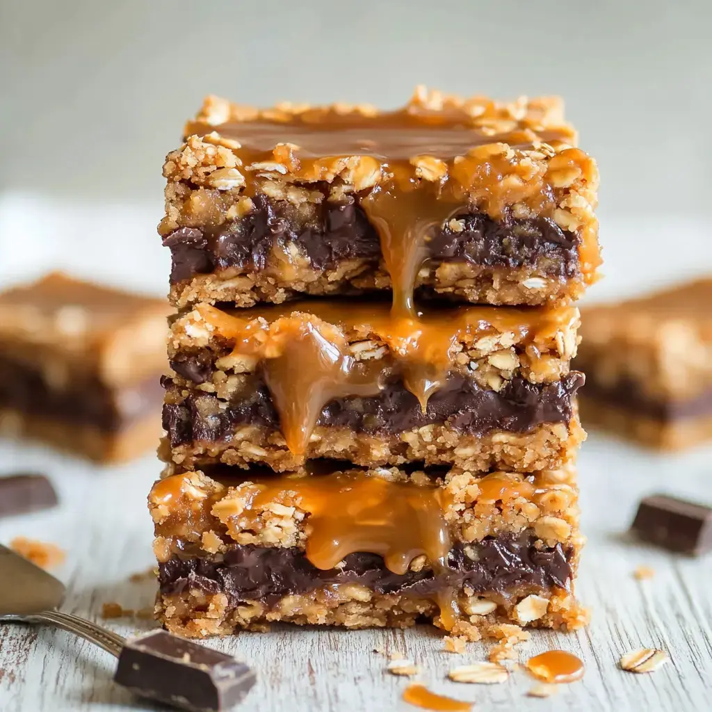 A stack of four delicious bars featuring layers of oats, chocolate, and drizzled caramel.