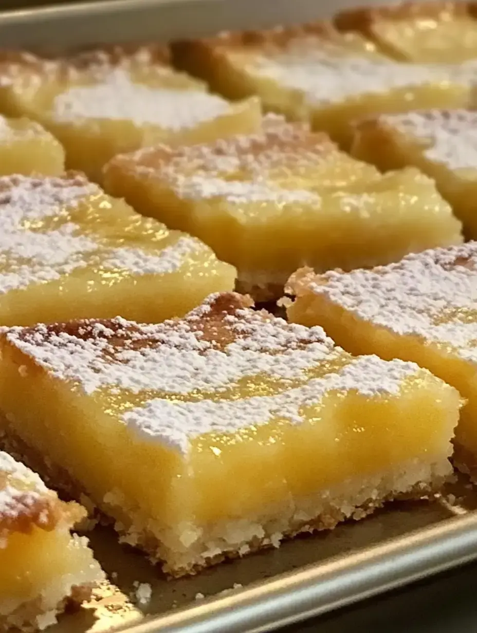 A close-up view of lemon bars dusted with powdered sugar, arranged neatly on a baking tray.