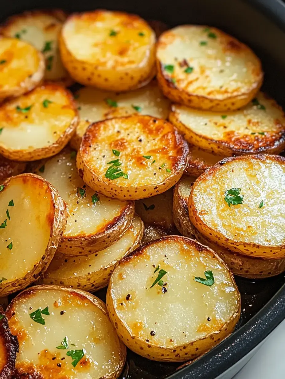 A close-up of golden-brown, roasted potato slices topped with chopped parsley, arranged neatly in a black dish.