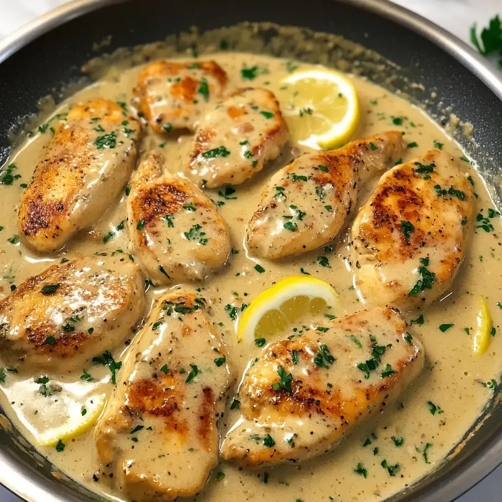 A skillet filled with sautéed chicken breasts in a creamy sauce garnished with parsley and lemon slices.