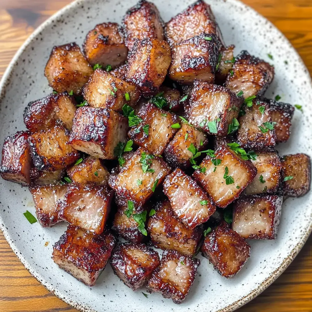 A plate of crispy, golden-brown cubed pork is garnished with fresh green herbs.