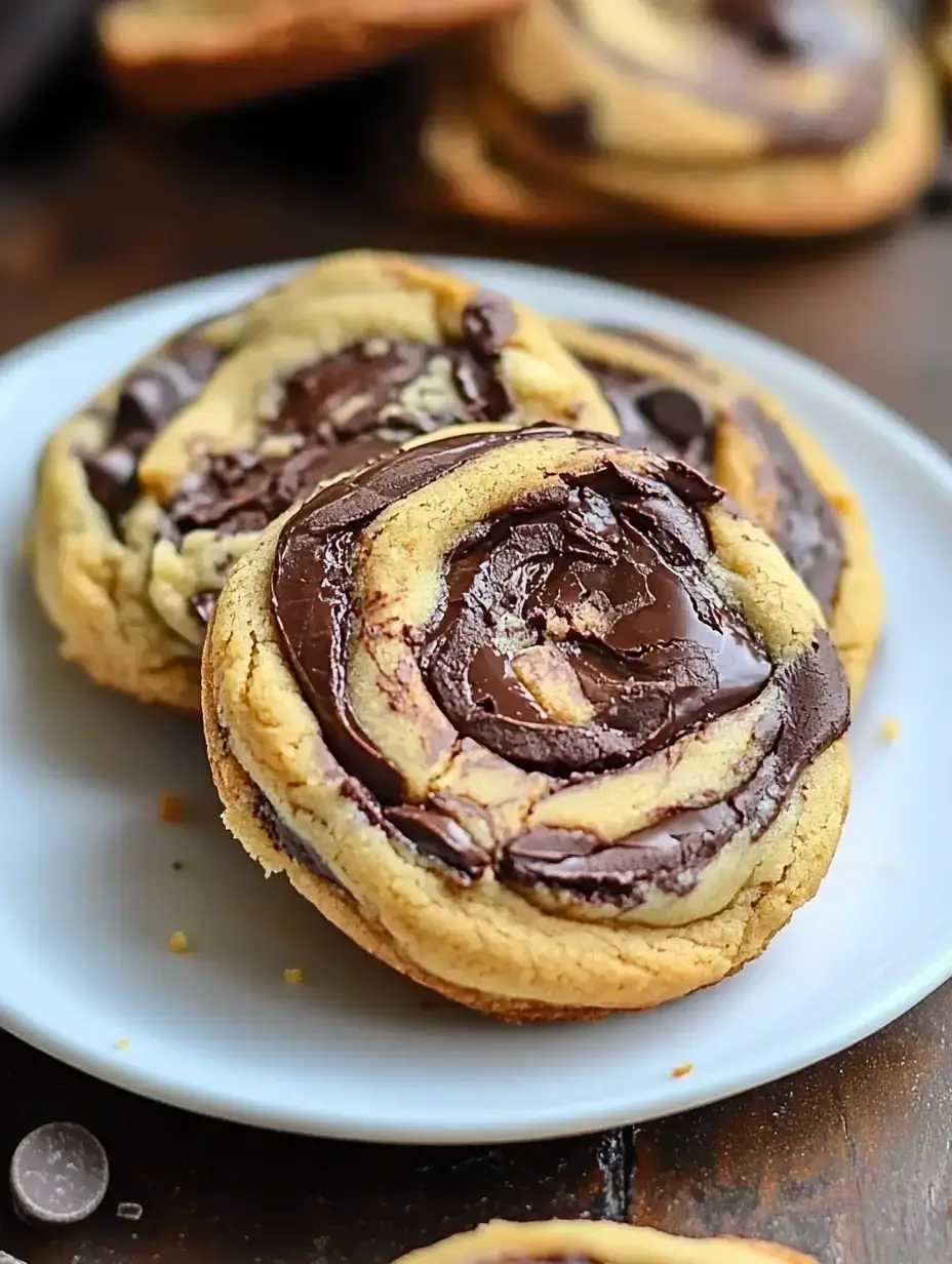 A close-up of two swirled chocolate chip cookies on a white plate, showcasing a rich chocolate layer on top.