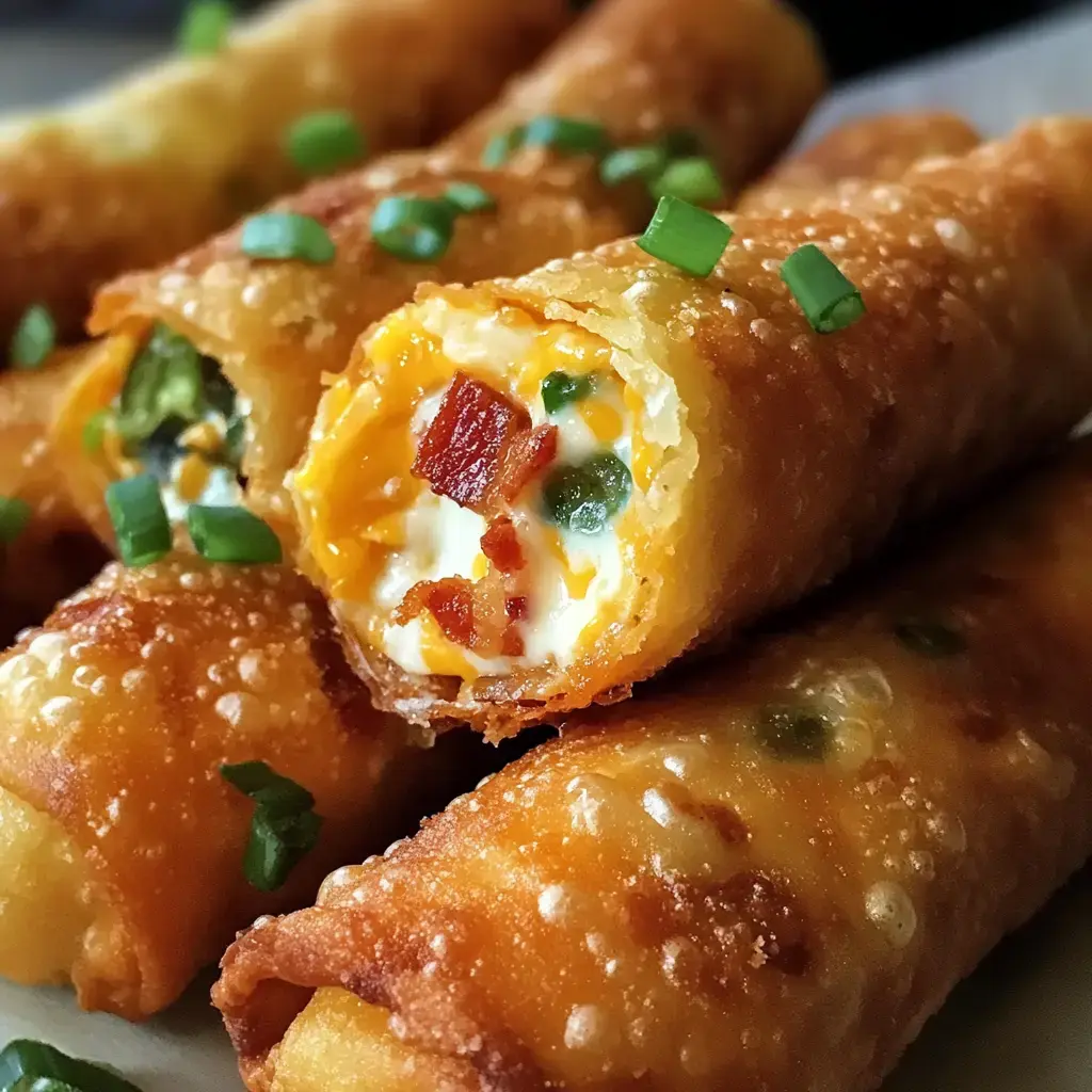 A close-up image of crispy, golden brown egg rolls filled with cheese, bacon, and chopped green onions.