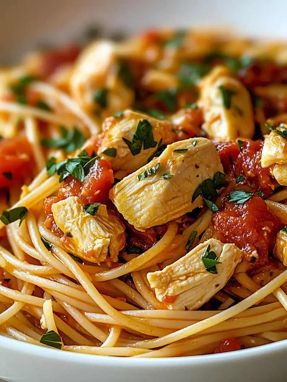 A close-up image of spaghetti topped with pieces of chicken and diced tomatoes, garnished with fresh parsley.