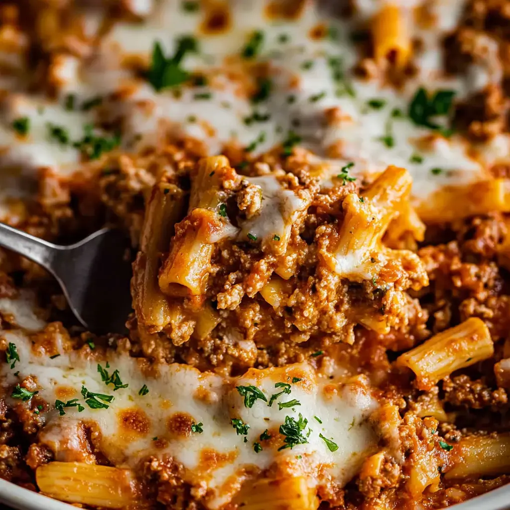 A fork lifting a serving of cheesy baked pasta with ground meat and garnished with parsley.