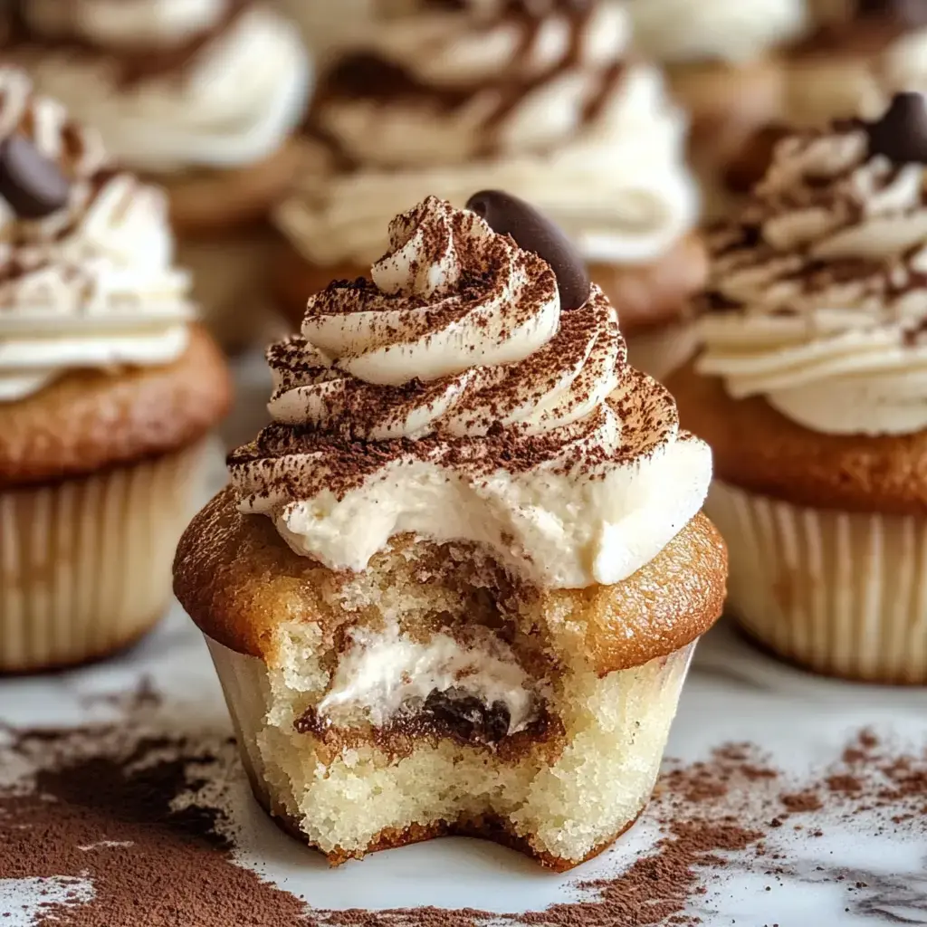 A close-up of a partially eaten cupcake with swirls of frosting and a dusting of cocoa powder, surrounded by additional cupcakes in the background.