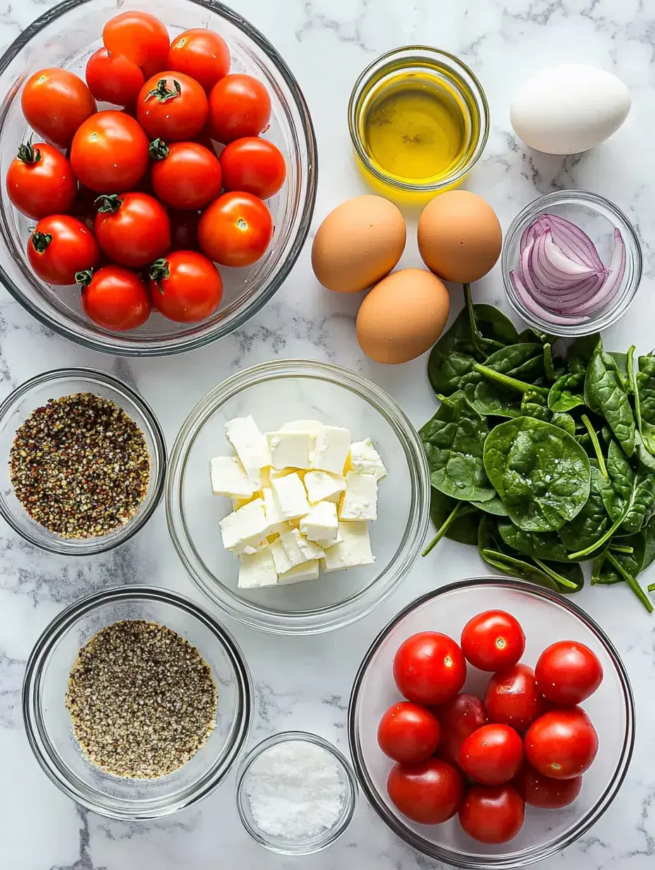 A variety of fresh ingredients arranged on a marble countertop, including cherry tomatoes, eggs, spinach, onion, feta cheese, olive oil, and seasonings.