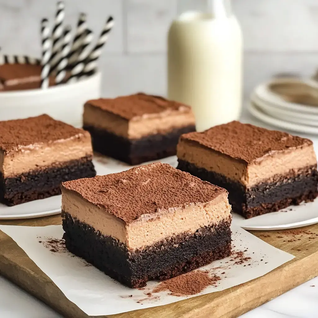 A close-up of layered chocolate desserts with a creamy topping, served on a wooden board next to a bottle of milk and striped straws.