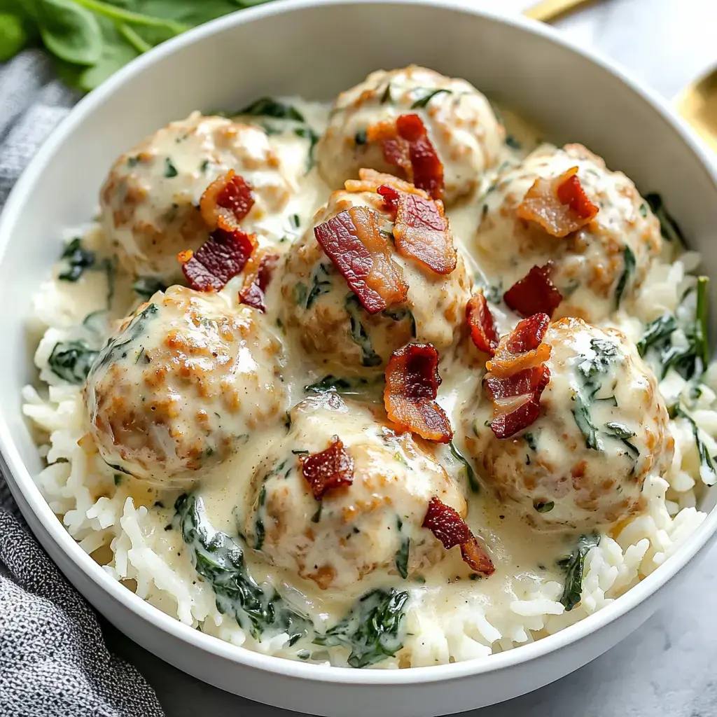 A bowl of rice topped with meatballs in a creamy sauce, garnished with crispy bacon and spinach.