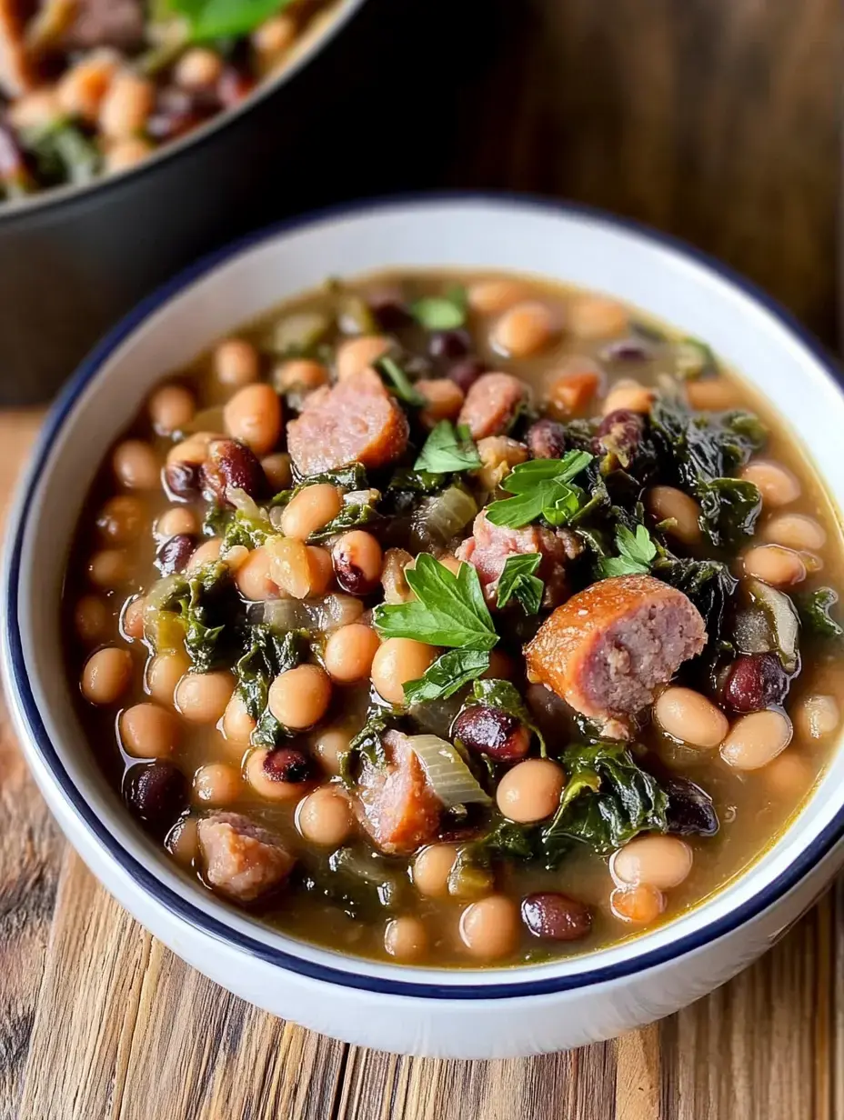 A bowl of hearty bean and sausage soup garnished with fresh parsley, set against a wooden background.