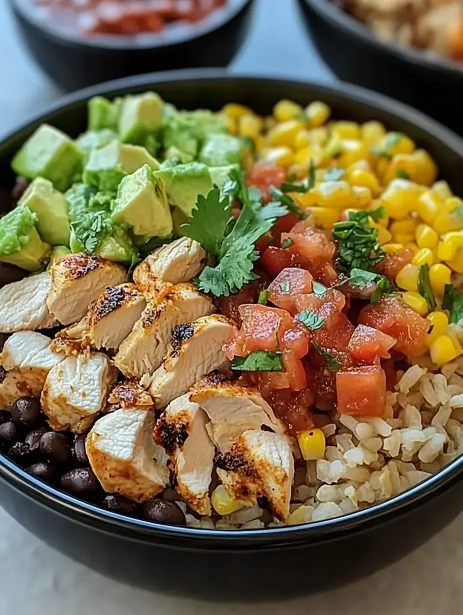 A black bowl filled with brown rice, grilled chicken slices, black beans, corn, diced tomatoes, avocado chunks, and topped with cilantro.