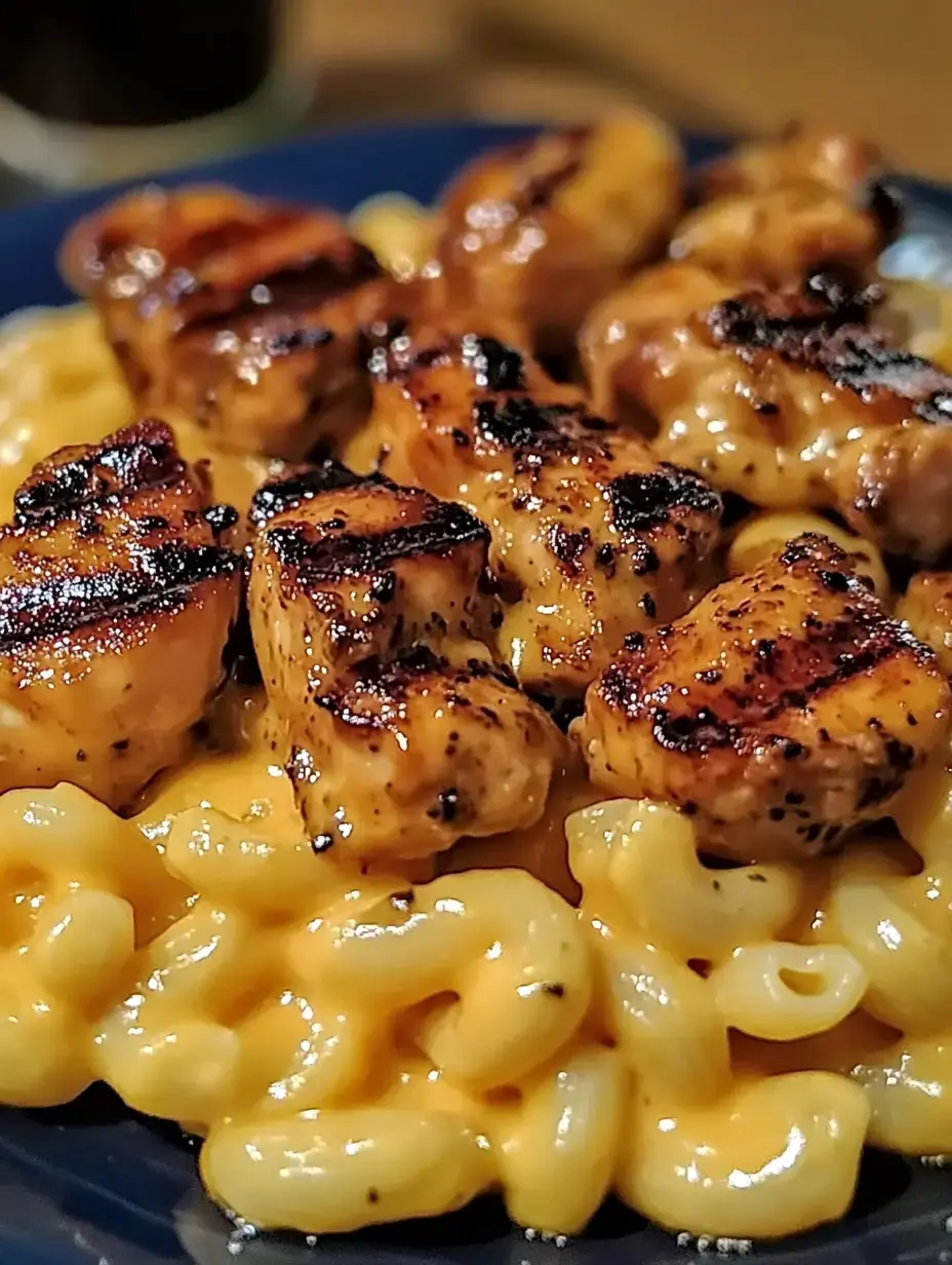 A plate of macaroni and cheese topped with grilled chicken pieces.