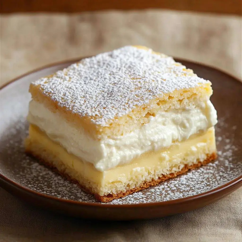 A slice of creamy layered dessert topped with powdered sugar on a brown plate.