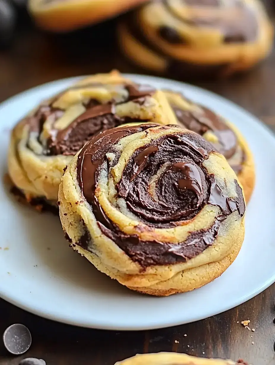 A close-up of richly swirled chocolate and buttery cookie rolls on a white plate, with a few extra cookies in the background.