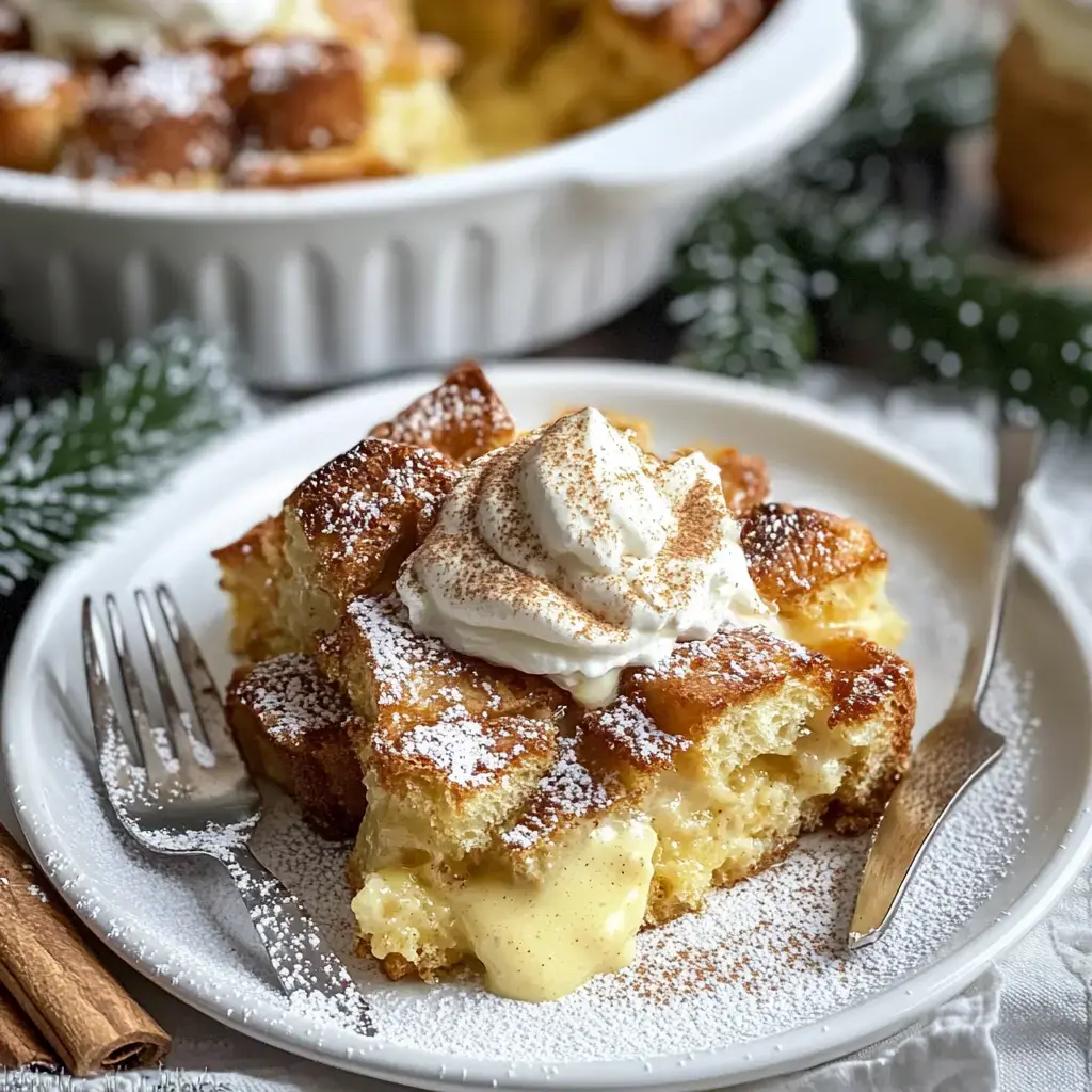 A slice of bread pudding topped with whipped cream and dusted with powdered sugar, served on a white plate with a fork.